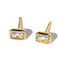 A pair of emerald cut bezel stud earrings made with gold plating and cubic zirconia.